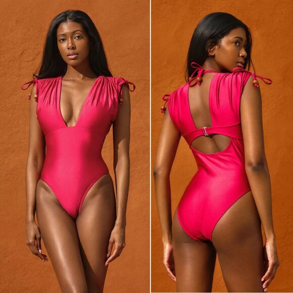 ANDREA IYAMAH Roba Ruched One Piece Swimsuit Size XS Ruby Pink NEW $225 - Picture 1 of 8